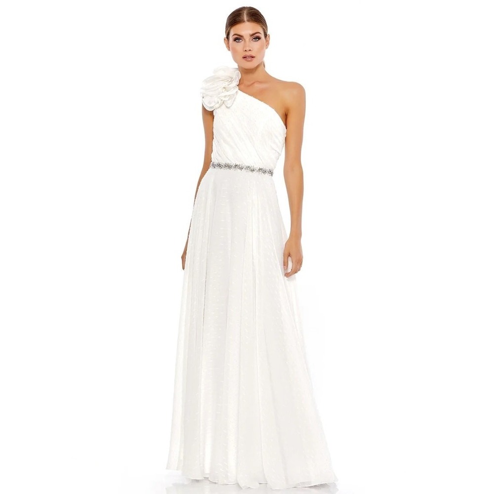Mac Duggal 49179 White Ruffled One Shoulder A-Line Gown Size 4
